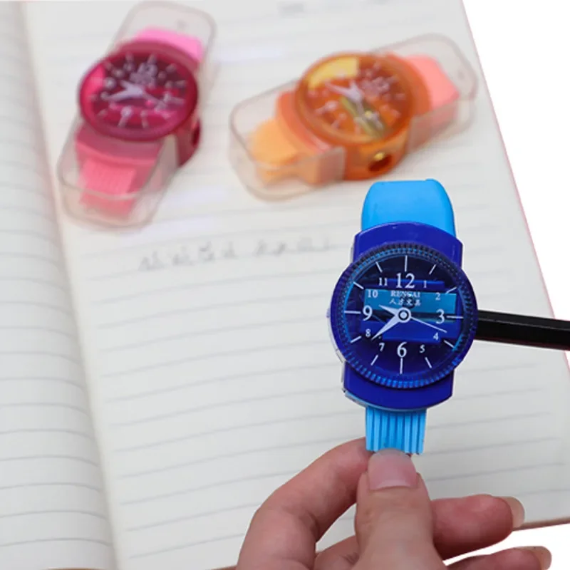 1pc Funny Watches Shaped Mini Colourful Pencil Sharpeners with Erasers Brush School Girls Supplies Machine Pencil Sharpener