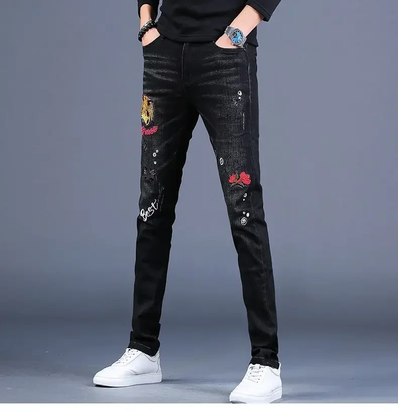 

Korea Version Men’s Scratches Black Jeans, High Quality Slim Stretch Jeans,Light Luxury Embroidery Jeans, Sexy Street Jeans;