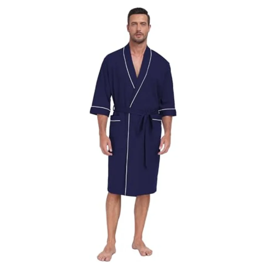 

CF Men's 100% Cotton Robe Lightweight Bathrobe Summer Short Sleeve Bath Robes Soft Breathable Kimono Spa Robe with Pockets