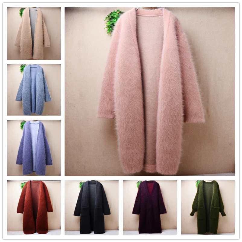 Top Quality Female Women Fall Winter Thick Warm Hairy Mink Cashmere Knitted Long Sleeves Loose Long Sweater Cardigans Coat Pull