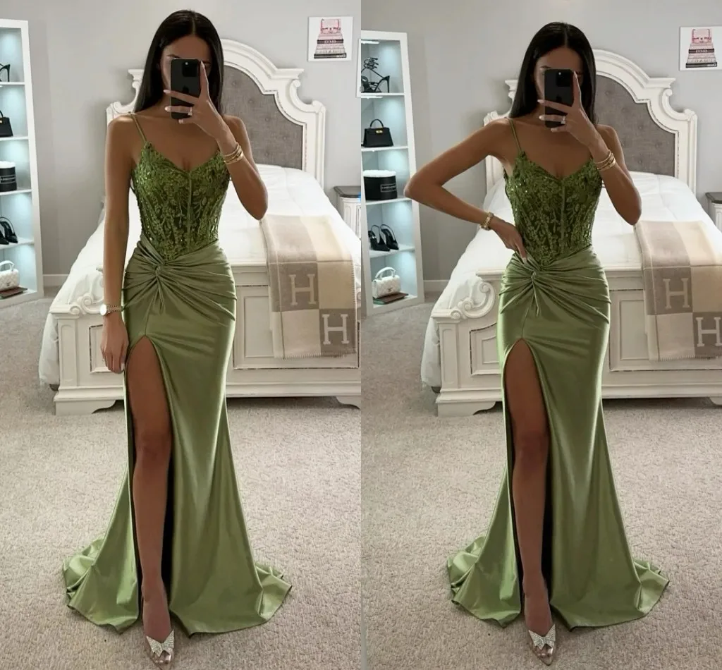 

2025 Sexy Green Split Evening Pageant Dresses V-neck Straps Lace Appliques Mermaid Formal Prom Party Gowns Robe De Soriee
