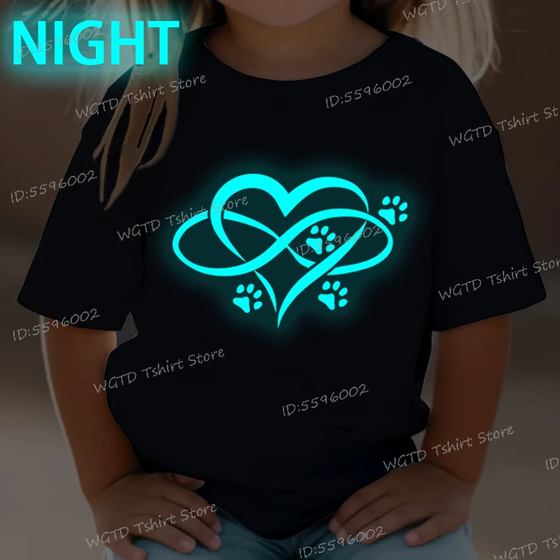 Love Paw Print Heart Cartoon T-shirt for Children Girls Boys Harajuku Y2K T Shirt Luminous Kids Clothes Animal Lover Glowing Top