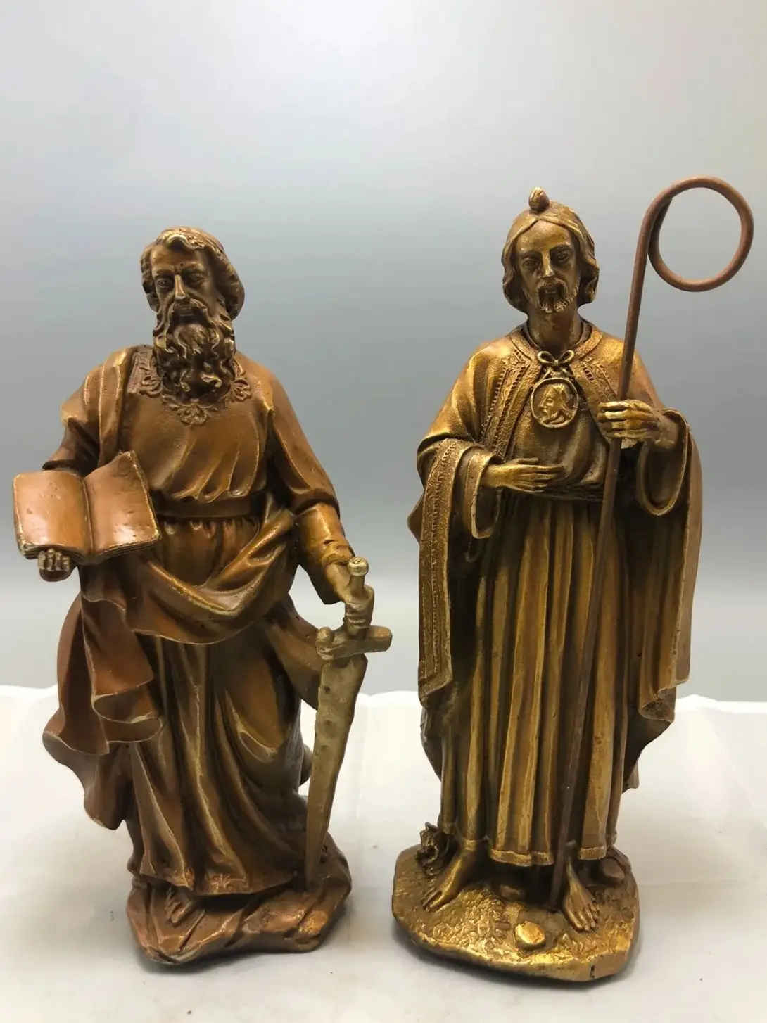 2 Stück Christentum, christlicher Katholizismus, Heilige Bronzeskulptur, Statue, religiöse Kunst, Diszipien von Jesus, Glaube, Ornament, St. Peter