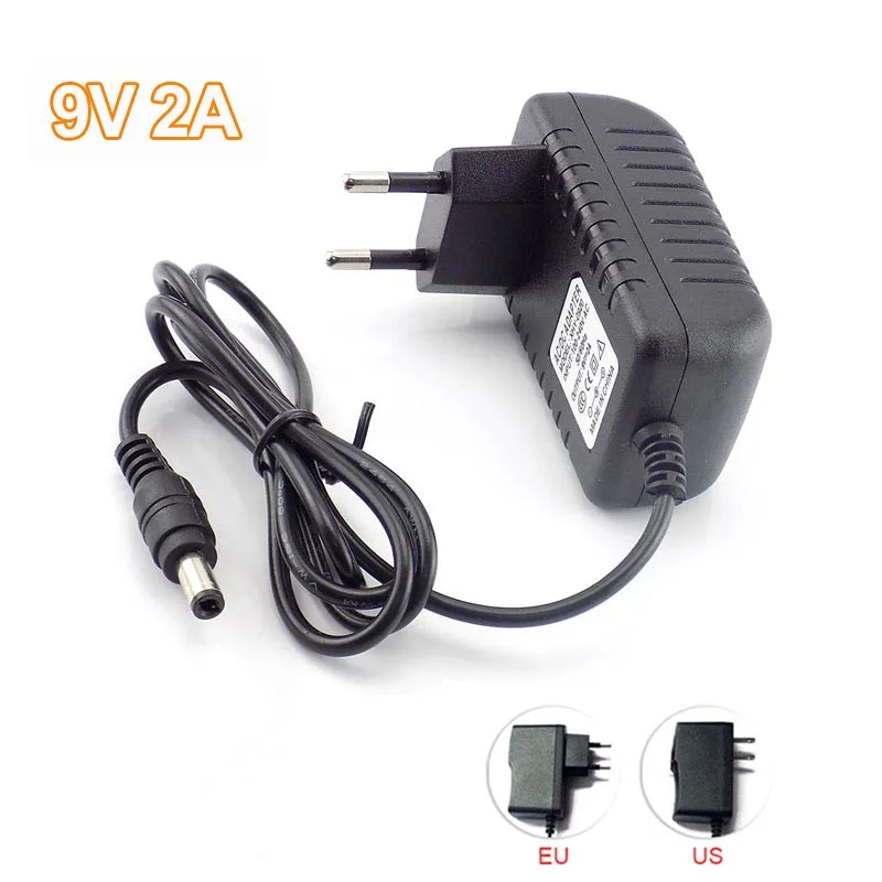 Adaptador de alimentação ac para dc 9v 2a, fonte 5.5mm x 2.5mm, conversor de tomada eua e ue, carregador 2000ma, luz de tira led, câmera cctv 100v-240v l19