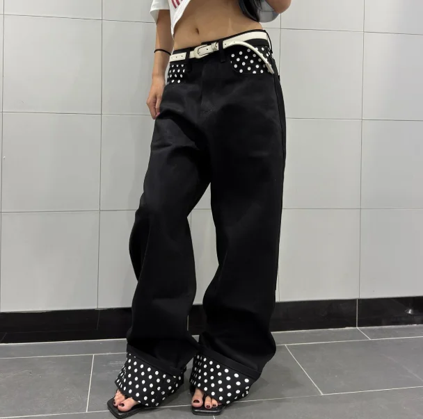 Black Jeans Unisex Stylish Cuffed Hem Polka Dot Loose-fitting Slimming Casual Straight-leg Trousers Streetwear Denim Men