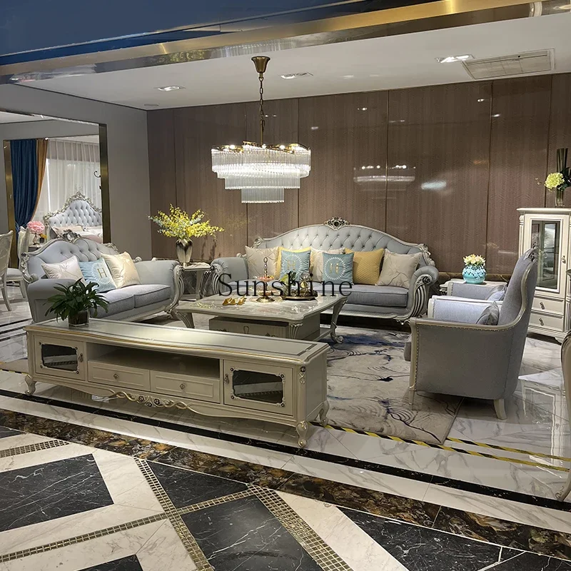 European-style all-solid wood leather sofa combination villa living room furniture luxury large apartment