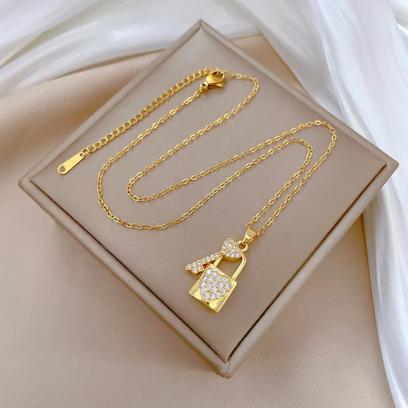 Original Design Luxury Zircon Full Lock and Key Pendant Necklace for Women Charm Gold Color Stainless Steel Chokers Jewelry Gift