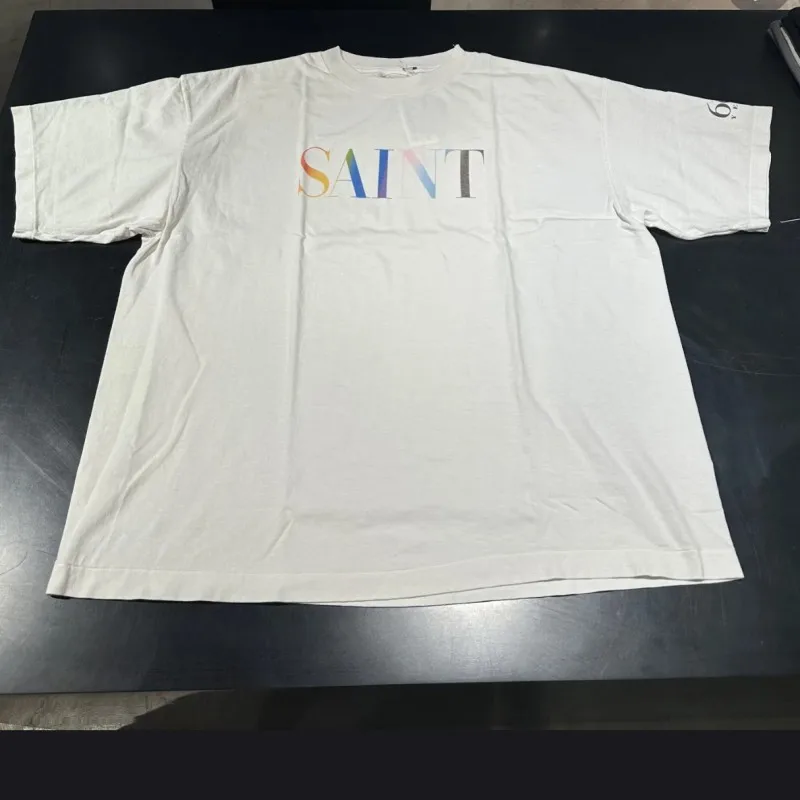 White Breathable Cotton Colorful Rainbow Letter Logo Round Neck Short Sleeve Saint Tshirts Summer Men Women Casual Street Outfit