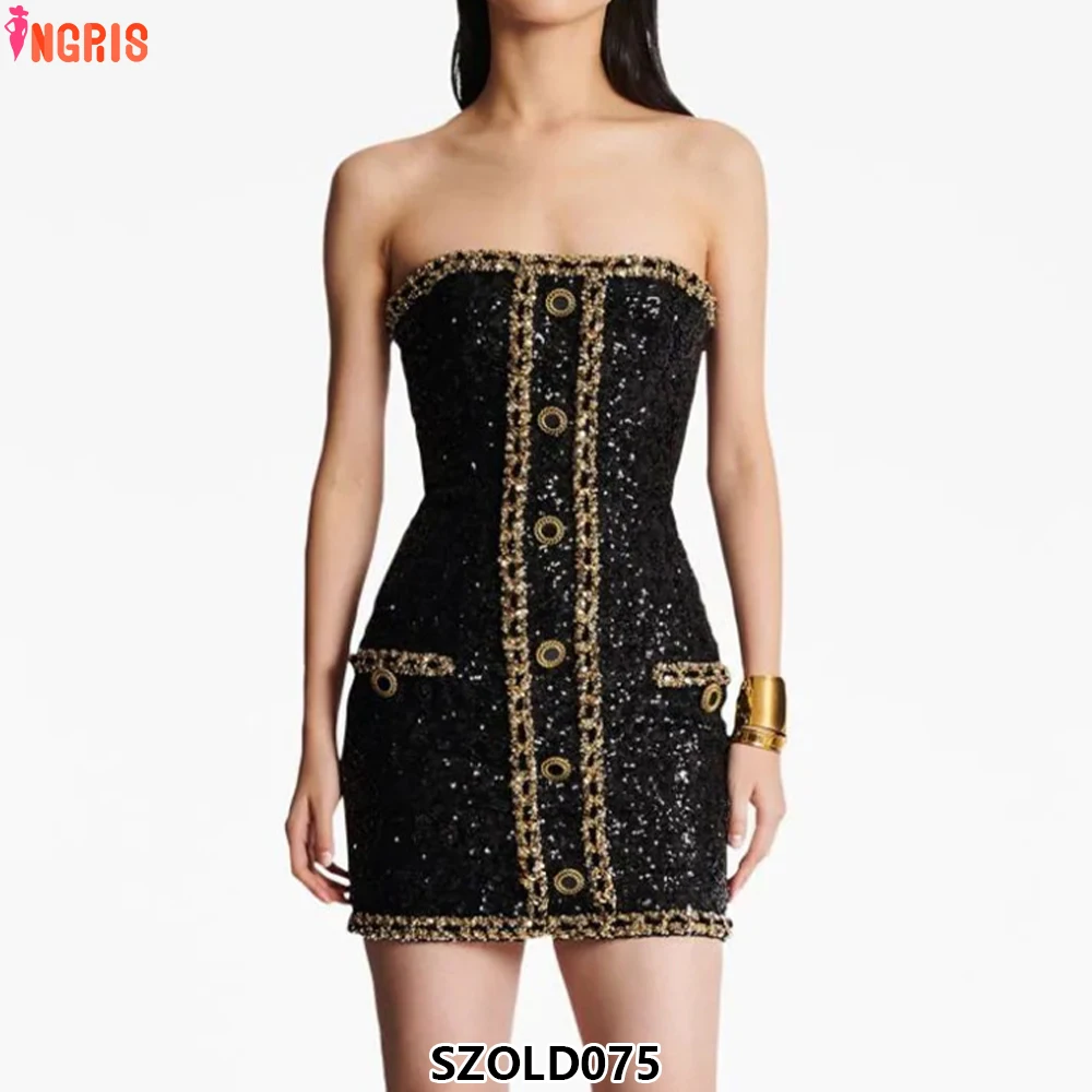 

2025 latest design ladies summer street wear sequined female single breasted sleeveless slim fit dress-SZOLD075