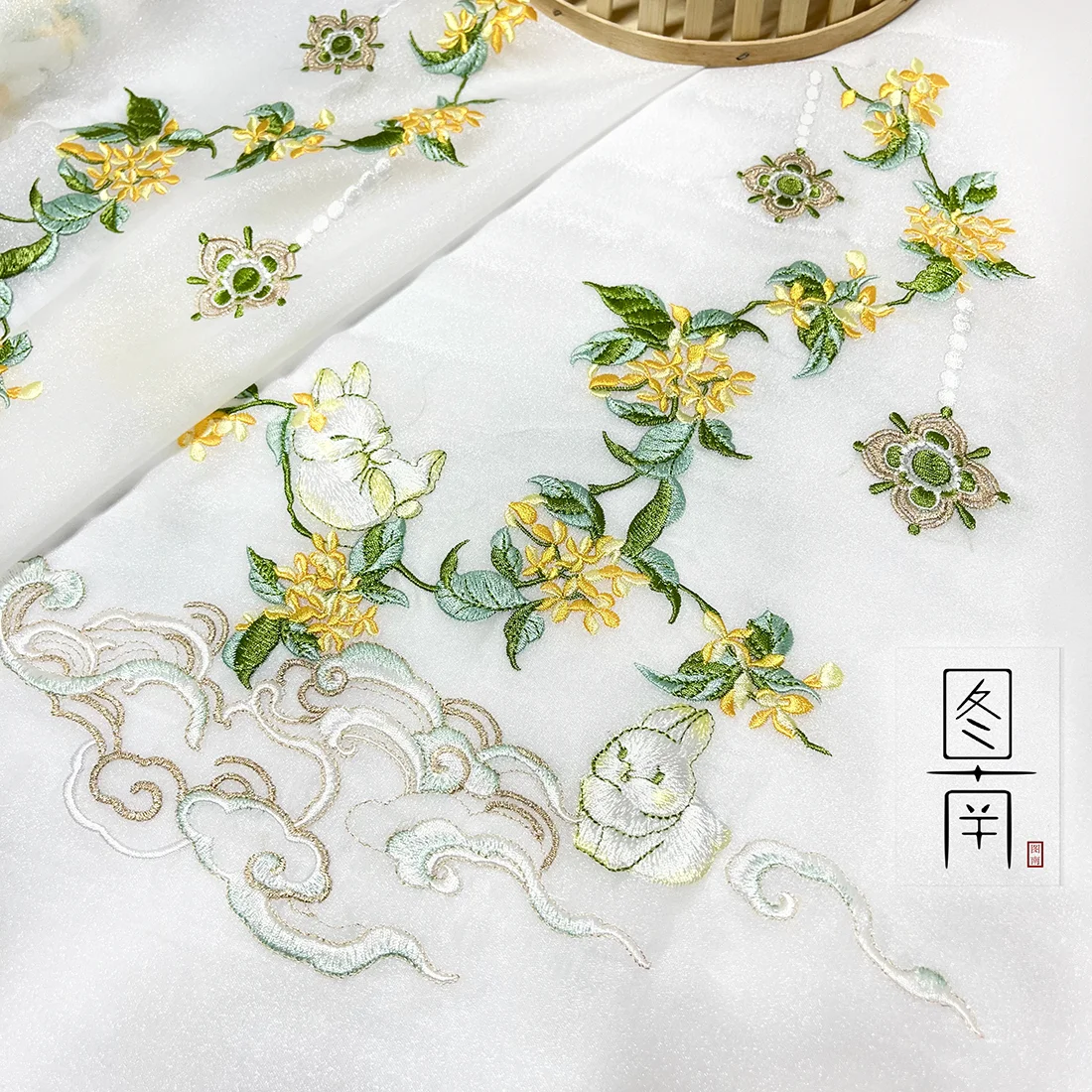 Designer Cloth Osmanthus Rabbit Mid-Autumn Festival Embroidery Lining Ancient Style Han Chinese Clothing Pleated Skirt Fabric