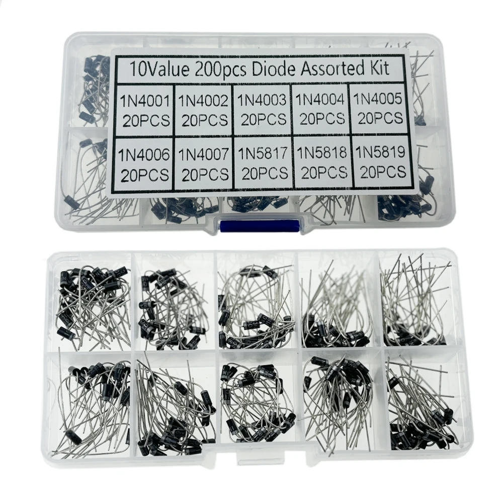200Pcs/box 10Value Diode Assorted Kit Set 1N5819 1N5818 1N5817 1N4007 1N4006 1N4005 1N4004 1N4003 1N4002 1N4001 Rectifier Diodes