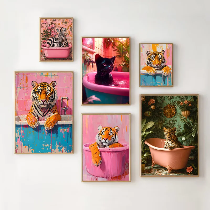 Colorful Tiger Cheetah Black Cat in Bathtub Wall Art Canvas Painting Abstract Pink Animals Prints Posters Living Room Home Decor