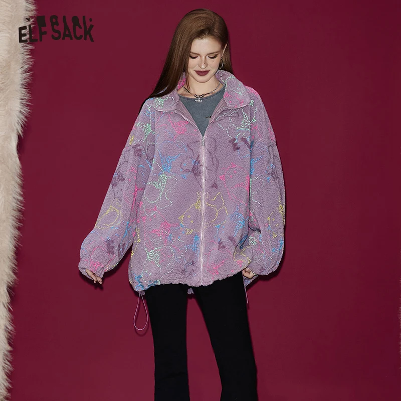 ELFSACK Outwears Printed Cute Printing Hooded Outwear Women 2024 Spring New Design Outwears