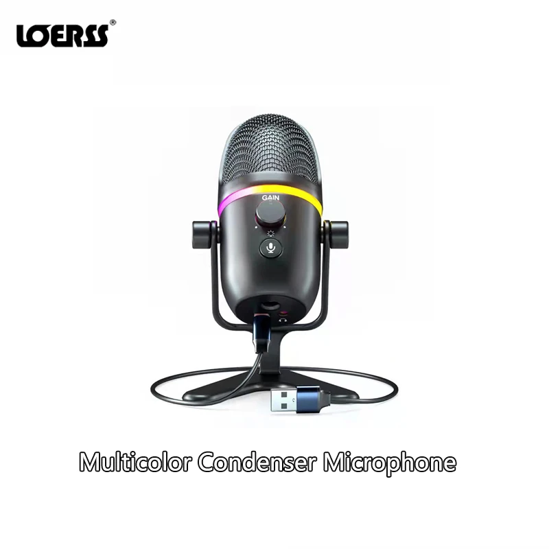 

LOERSS USB Condenser Microphone RGB Light Mic Wired Professional Recording Microphone Desktop Adjustable Mic for Streaming Game