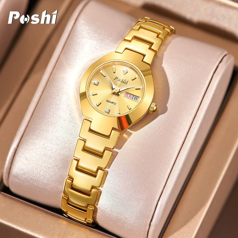 POSHI-reloj de cuarzo de marca suiza para mujer, pulsera elegante de acero inoxidable, sencillo, resistente al agua, luminoso, con fecha y semana,