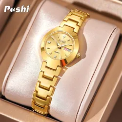 POSHI-reloj de cuarzo de marca suiza para mujer, pulsera elegante de acero inoxidable, sencillo, resistente al agua, luminoso, con fecha y semana, para regalo