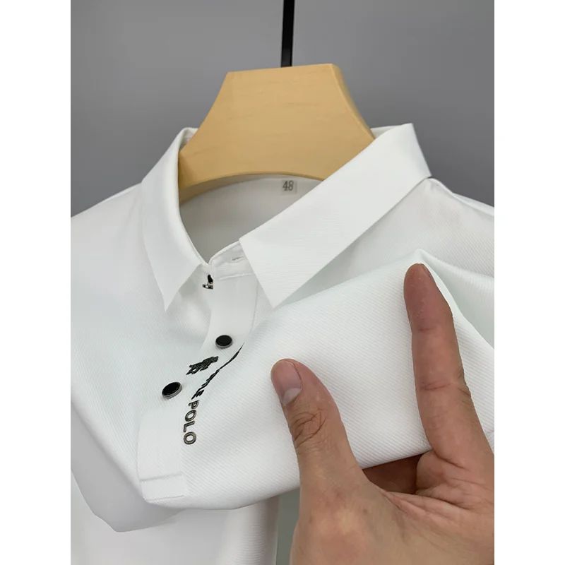 Luxury Polo Shirt Men's Short Sleeve 2023 New Business Casual High-end Lapel Print Solid Ice Silk Hem Split Korean Top M-4XL