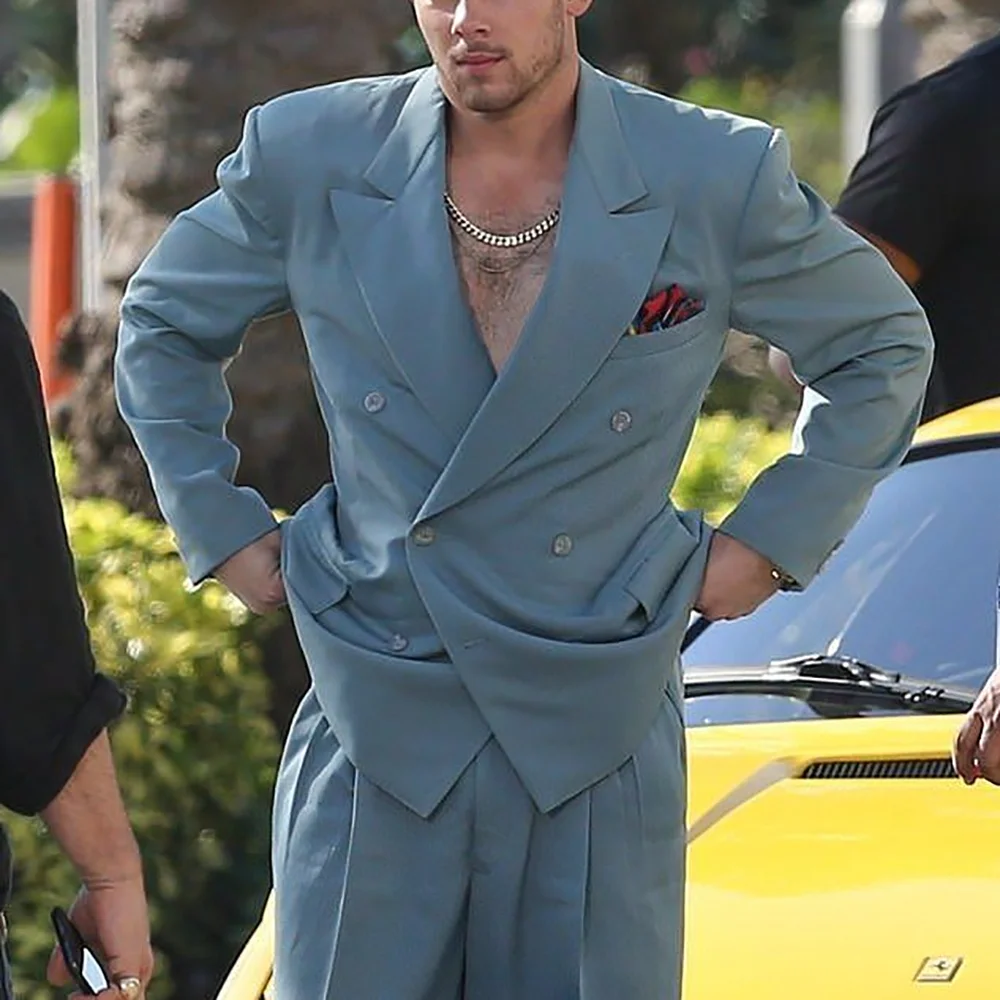Loose Casual Suits For Men Tuxedo Two Piece Peaked Lapel Blazers Double Breasted High Street Prom Party Outfit High Quality