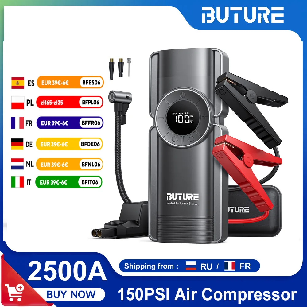 Buture 4 In1 Jump Starter 20000mAh Power Bank 150PSI Pump Air Compressor 2500A Emergency Battery Boost 15V Digital Tire Inflator