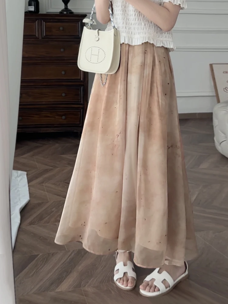 

Юбка-макси Zhang ei 25SS Uma Border Flower из 100% растительного крашения, с эффектом прохладного перелива, полупрозрачная, в корейском стиле, для повседневной носки, с высокой талией.