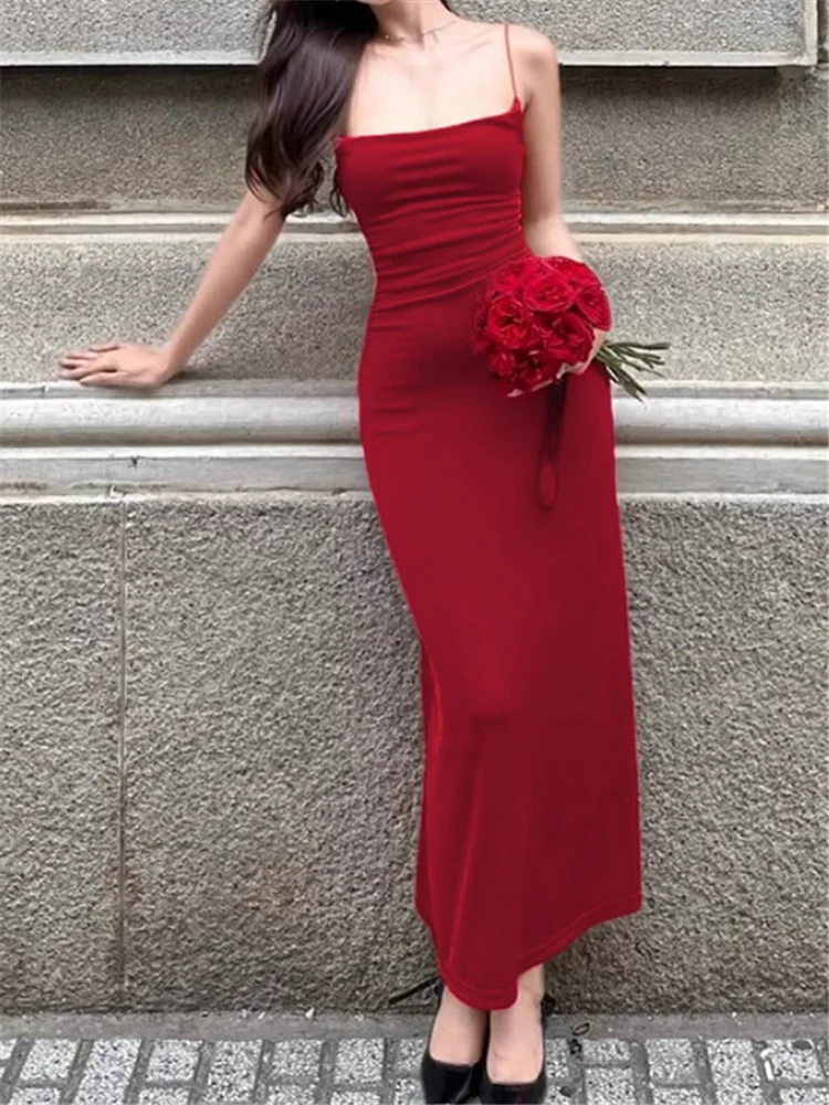 فتاة حار مثير أحمر أسود مائل الرقبة فستان طويل زلة عطلة الصيف بلا أكمام عبر الأشرطة عارية الذراعين قلم رصاص الحمالة فستان