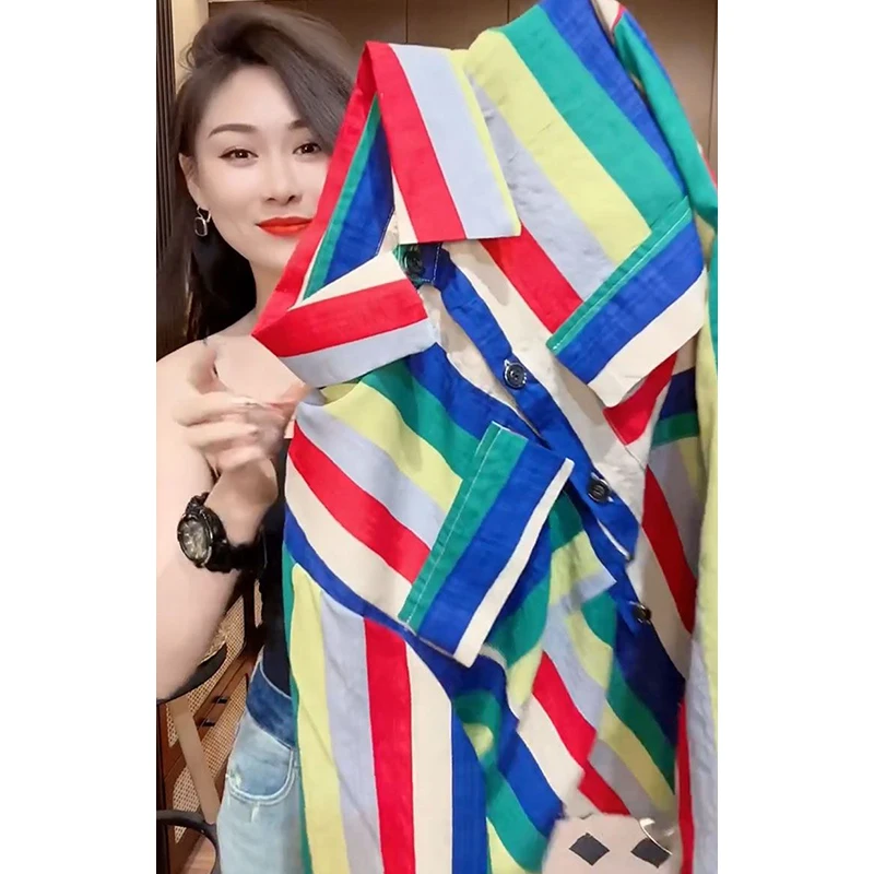 Spring Autumn Rainbow Printed Cardigan Shirt Ladies Long Sleeve Casual Fashion All-match Buttons Top Women Contrast Color Blouse