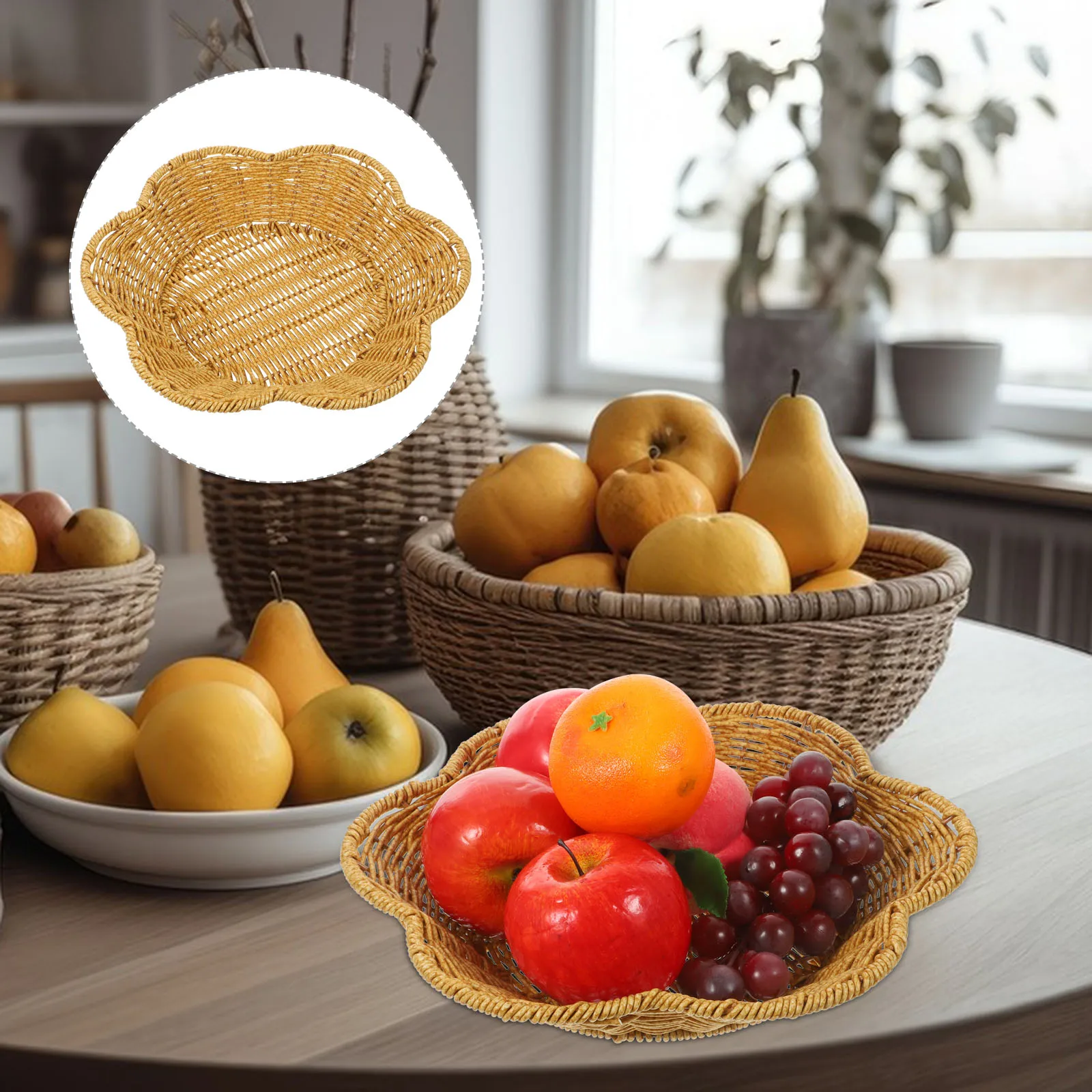

Woven Baskets Storage Tray Breakfast Tabletop Decorative Fruit Plate Rattan Kitchen Multi function Household