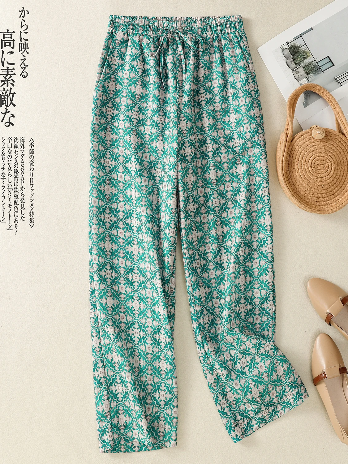 

Модные льняные повседневные брюки большого размера с эластичным поясом на шнурке, прямые, с принтом, винтажные, летние