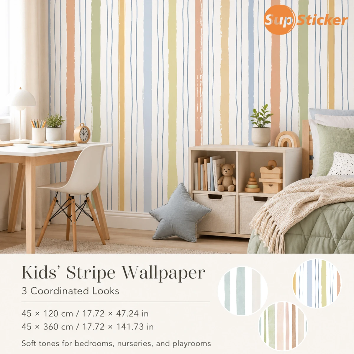 Morandi Hand‑Drawn Vertical Stripe Peel & Stick Wall Sticker, Removable PVC Wall Decal for Bedroom Indoor Home Decor