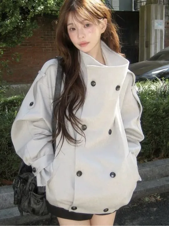Retro Double Buttoned Shoulder Rank Loose Casual Style Short Coat Stand Collar All Match Spring Autumn Winter Women's Outerwear