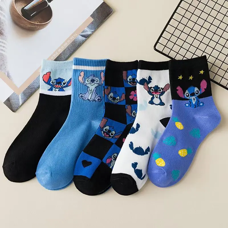 

5pairs Anime Disney Anime Cartoon Stitch Cotton Socks Medium Length Socks Combed Cotton for Girls Friends Boys Winter Gift