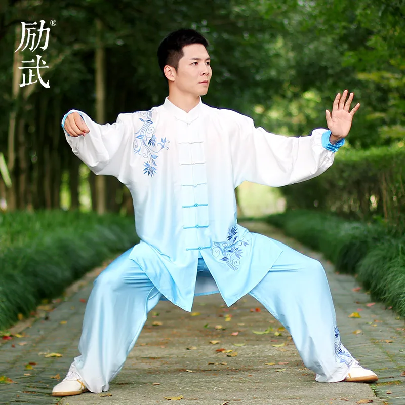 Blue And White Gradual Change Of Tai Chi Women Martial Arts Stage Performance Fitness Qigong Tai Chi Training Clothes Spring