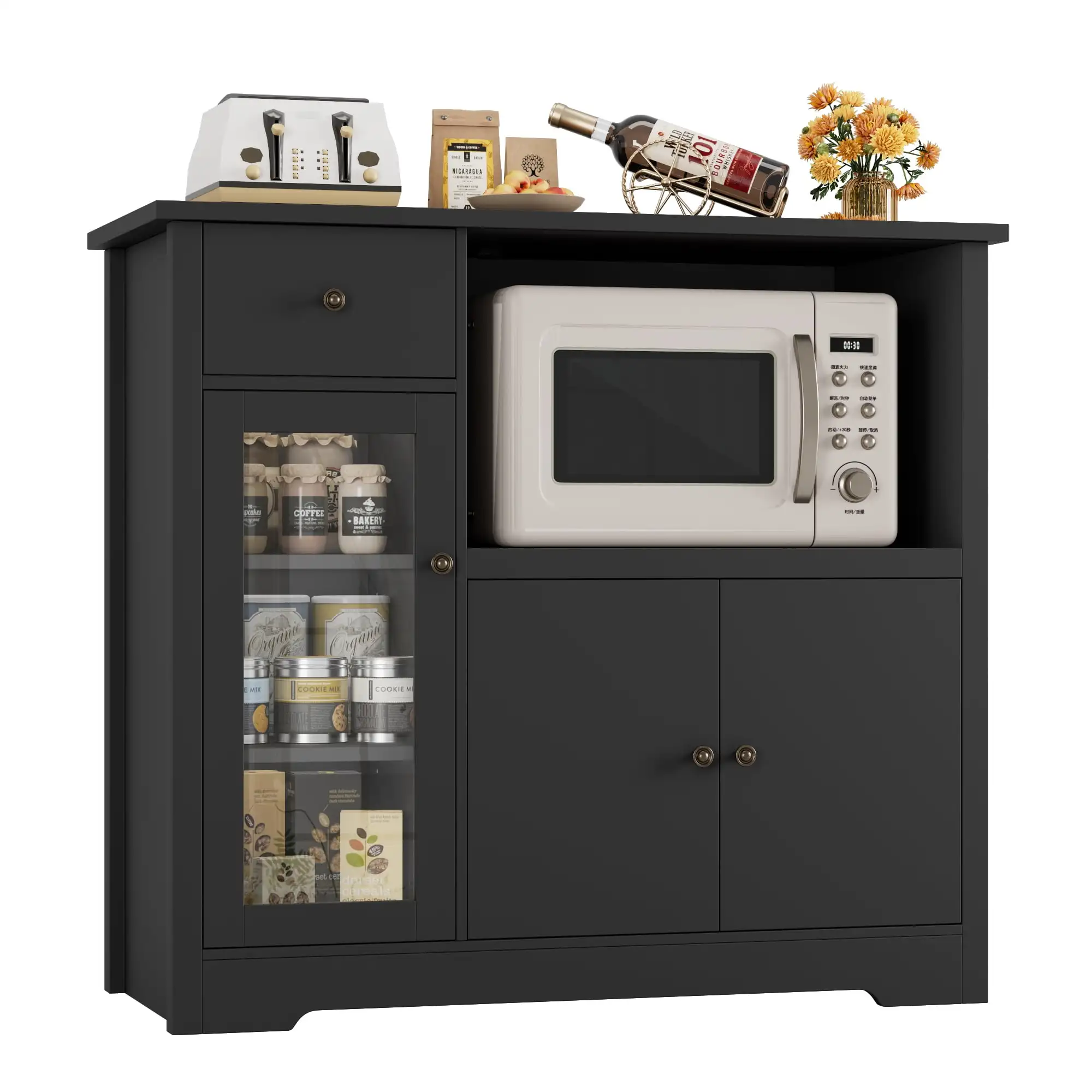 Microwave Cabinet with Hutch, Kitchen Pantry Cabinet Sideboard with Adjustable Shelves and Drawer for Dining Room, Black