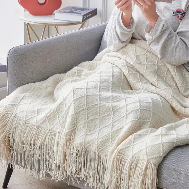 Bohemian Cream White Oversized Knitted Blanket with Tassels Nordic Textured Chunky Cozy Throw All Season Gift Idea