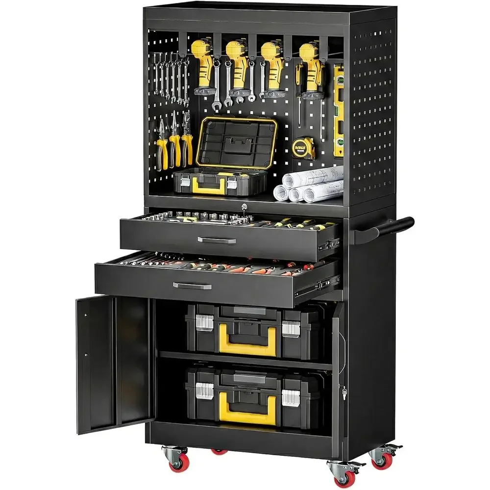 Heavy-Duty Mobile Work Cart with Lockable Wheels, Ample Storage, and Integrated Outlet for Efficient Tool Organization and Job M