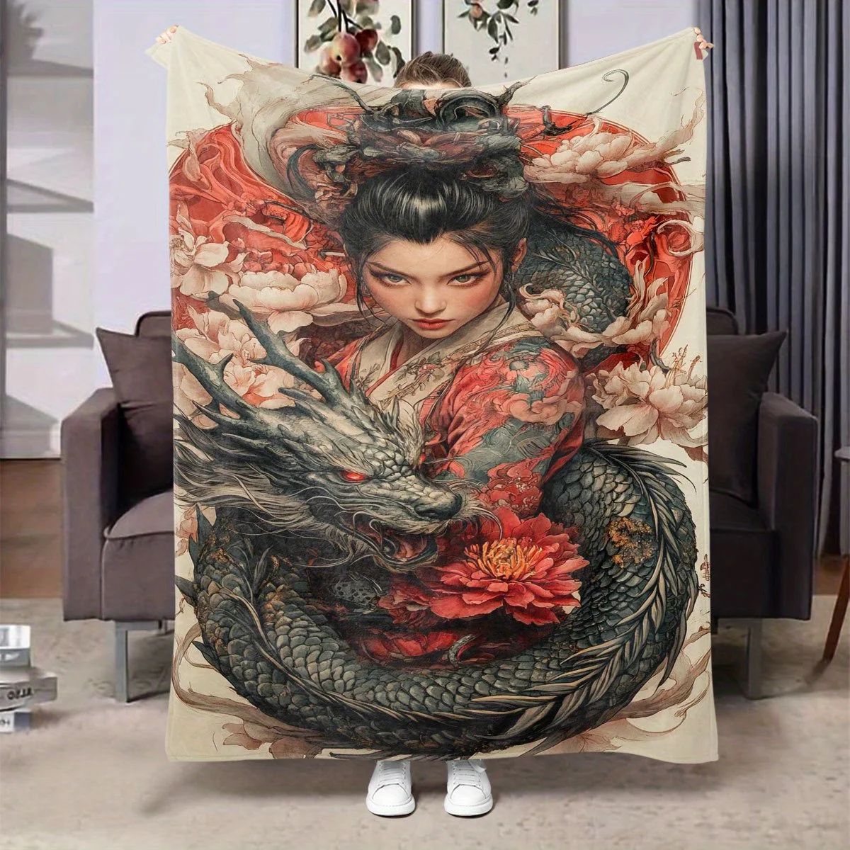 Geisha and Dragon Art Patterns Flannel printed blanket suitable for all seasons suitable for living room office sofa and travel