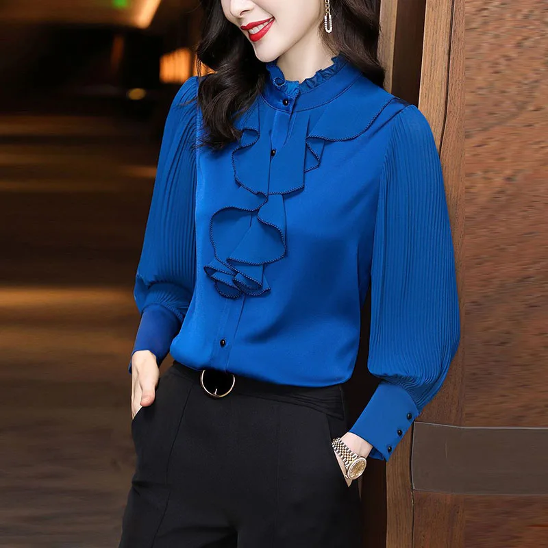 Elegant Stand Collar Button Folds Ruffles Shirt Women\'s Clothing Spring Autumn New Casual Tops Office Lady Blouse