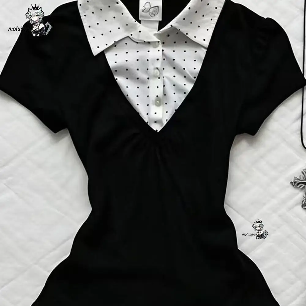 Y2K Preppy Two Piece Outfit Fake Two Piece Polka Dot Collar Short Sleeve High Waist Plaid Pleated Mini Skirt Streetwear Women - view 4