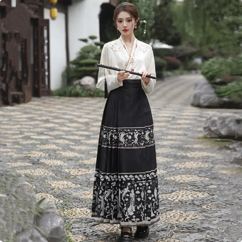 Frauen frühling herbst 2 stücke set hanfu anzug weibliches temperament elegantes top hemd rock neuer chinesischer hochwertiger pferde gesichts rock 2962