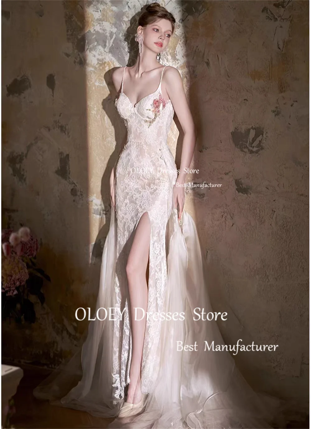 OLOEY Luxury Ivory Lace Mermaid Wedding Dress Photoshoot Sweetheart Tulle Train Bridal Gown Backless Beads Custom Made