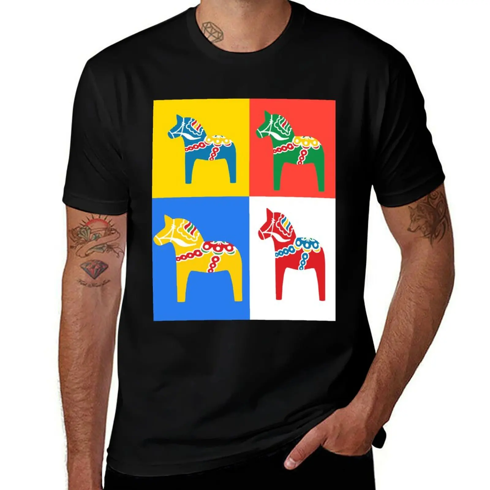 

Dala Horses Dalarna Squares Sweden Horse Dalecarlian Swedish Colorful Dala Host T-Shirt cotton t shirts high quality T-Shirt