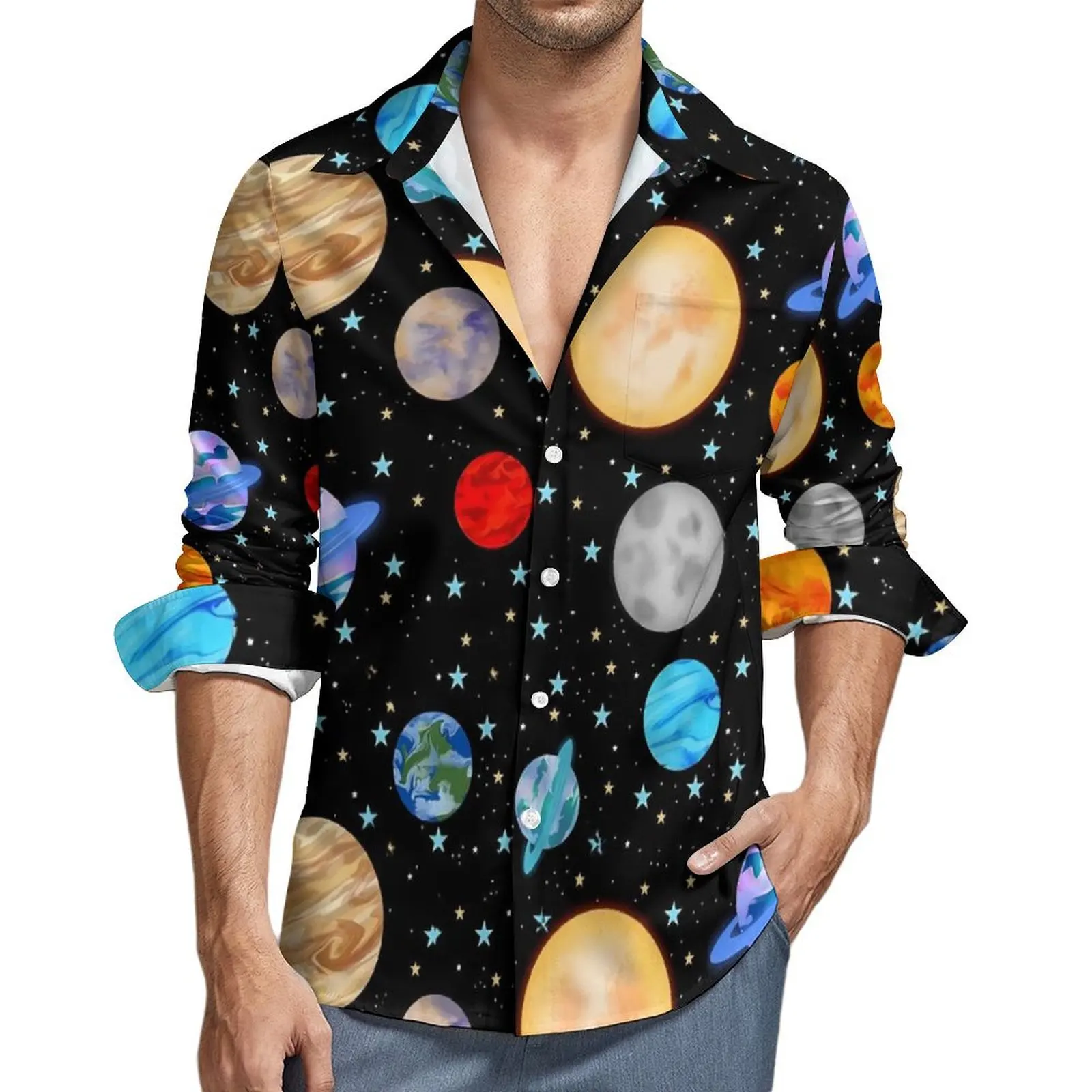 Spring Design Clothing Outer Space Print Blouse Mens Stars Moon Galaxy Shirt Long Sleeve Lapel Loose Comfortable Casual Shirts