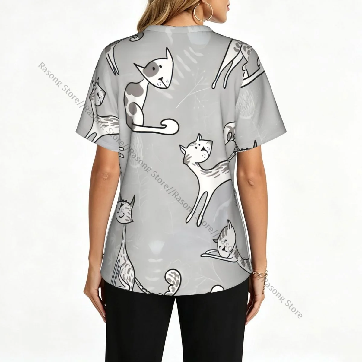 Women V Neck Scrub Top Cats Posing Over Floral Feline Kitten Short Sleeve Nurse Hospital Uniforms Female Spa Working Clothes