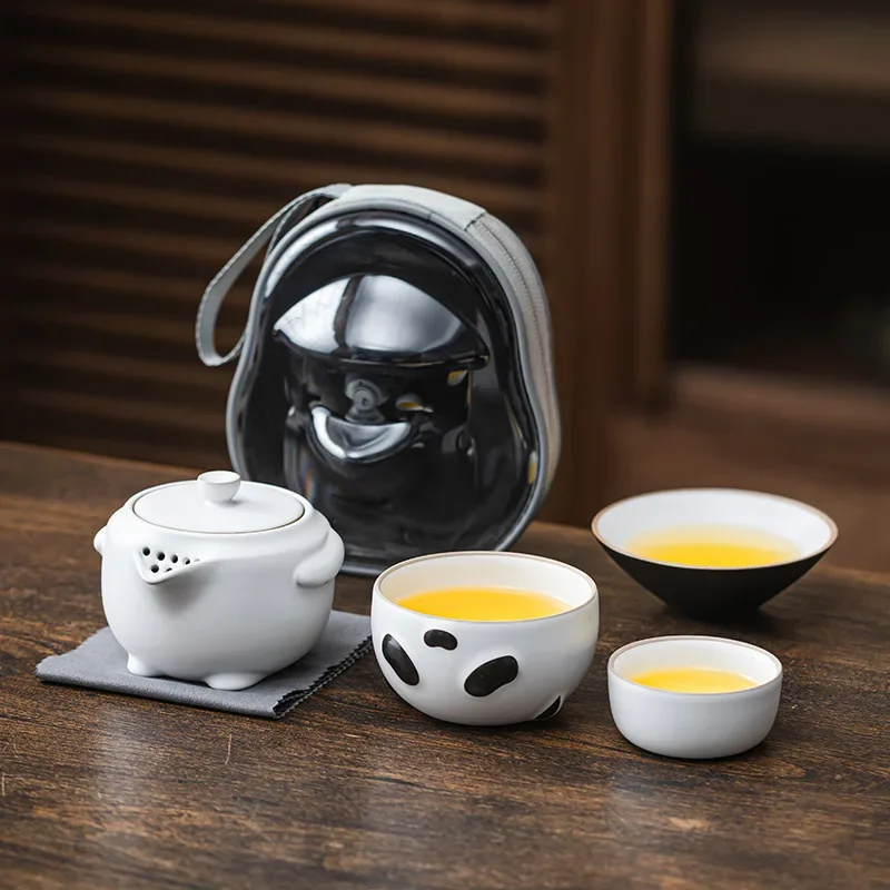 Panda Quick Portable Outdoor One Pot Three Cup Creative Kung Fu Tea Cup Travel Bag Tea Set Unique Luxury Designer Tea Ceremony