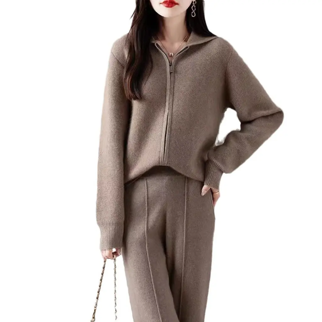 

Women's Autumn Winter 100% Pure Wool Knitted Zipper Cardigan Thick Sweater Siping Style for Fashionable Comfort