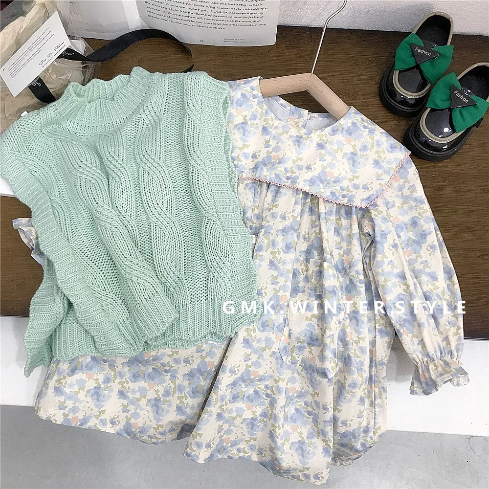 Spring Children Girl 2PCS Clothes Set Solid Knitted Vest Lapel Floral Printed Long Sleeve Dress Baby Girl Outfits Kid Girl Suits