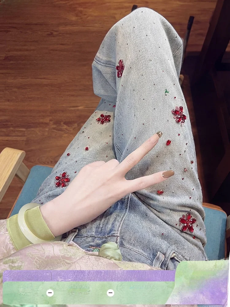 

High Waist Wide Leg Jeans Women's Spring Faion Drill Bead Embroidery National Sle Casual Cotton Plant Floral Pattern