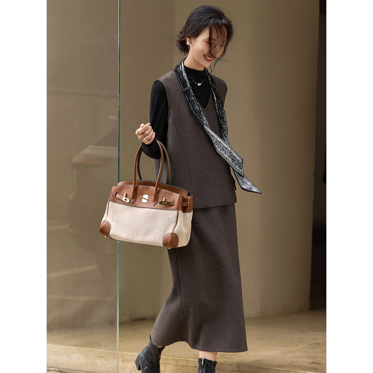 VIMLY ensemble de costume pour femmes déplacements hiver 2025 couche de Base solide col en V gilet jupes longues décontracté dames vêtements 3 pièces ensembles 30528