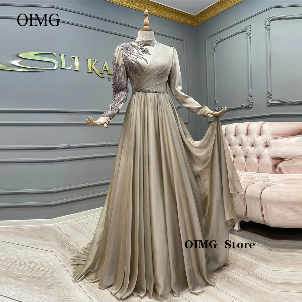 

OIMG Arabic Women Formal Evening Dresses Long Sleeves Silk Chiffon Embroidery Modest High Neck Prom Gowns 2024 Robe de soiree