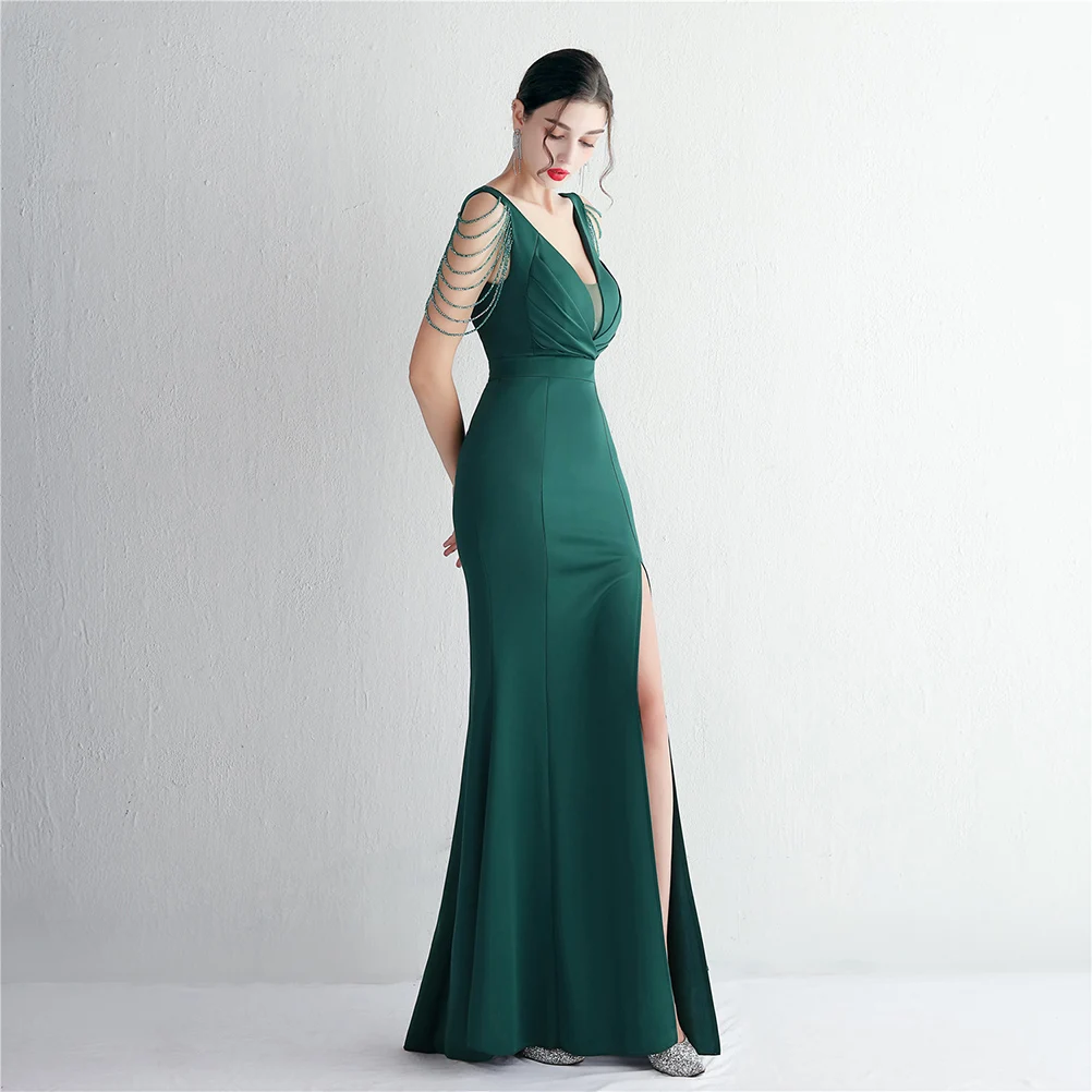 DEERVEADO Long Evening Gowns for Women Elegant Party Sexy Deep V Neck Emerald Green Satin Formal Evening Dresses Maxi Dress